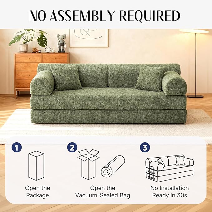 78.8" Convertible Sofa Bed with Detachable Arm Pillow, 6-in-1 Sectional Couches for Living Room, Corduroy Boneless Couch, Sleeper Loveseat Couch Bed, No Assembly, Moss Green Couch