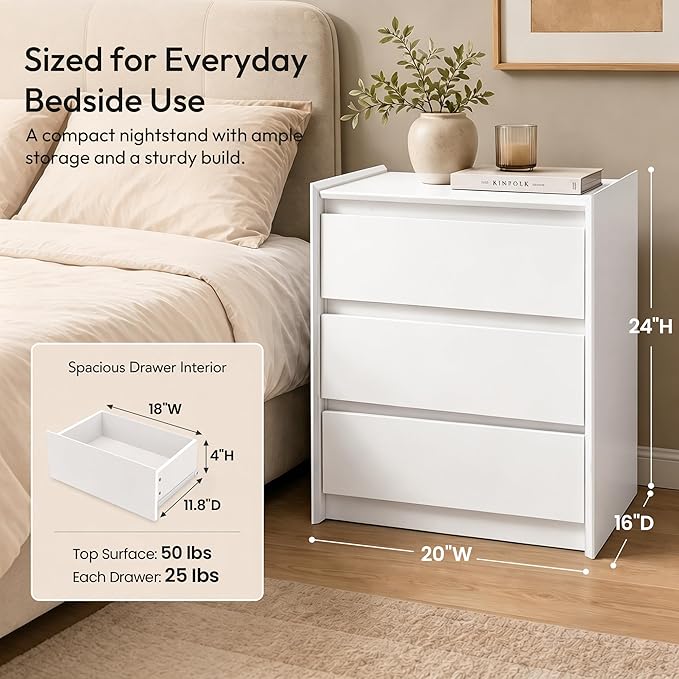24" Tall Nightstand with Charging Station Including USB-C, Modern Bedside Table and Sofa End Table - White, 3 Drawers, Set of 2