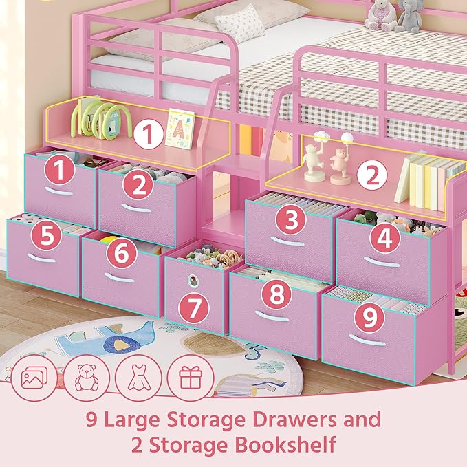 Dnxao Low Loft Bed Full Size with 9 Drawers and 2 Bookcases, Full Size Loft Bed with Charging Station & LED Lights, 15" H Safety Guardrail Metal, Under-Bed Play Space,Pink