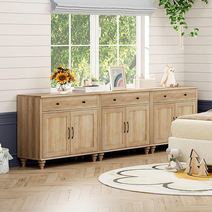 WAMAPT Oak Buffet Cabinet with 6 Doors and 3 Drawers, Large Coffee Bar Table Wood Kitchen Storage Cabinets, Modern Farmhouse Sideboard Credenza for Dining Room, 101 inch