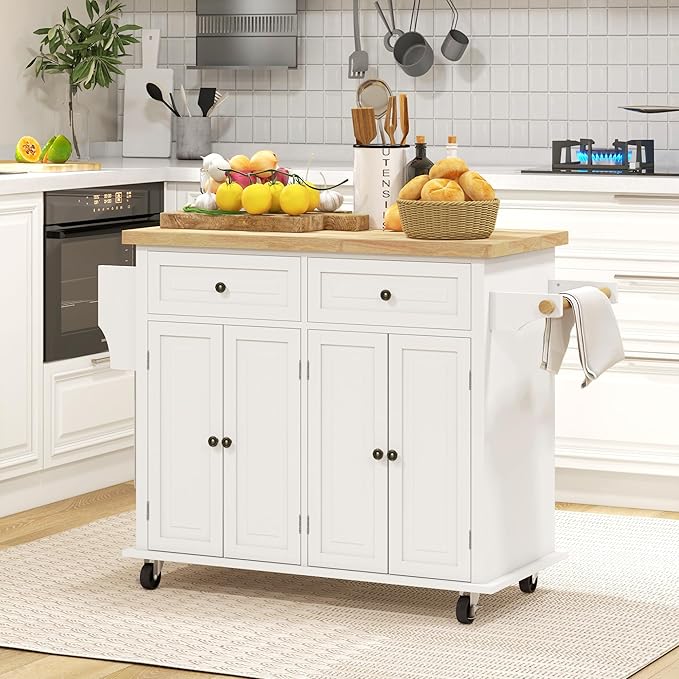 HOMCOM Kitchen Island Cart with Solid Wood Top, 44" Mobile Kitchen Island Table on Wheels with Storage Cabinets, 2 Drawers, Adjustable Shelves, Spice Rack & Towel Bar for Dining Room, Cream White