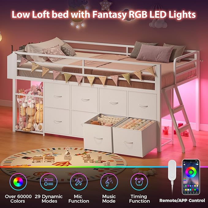 UPOSOJA Twin Size Low Loft Bed with RGB Lights & Play Zone, 8 XL Drawers, Kids Play Loft with 2-Step Ladder & Anti-Tip Kit (White)