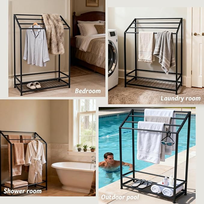 Hjarta Extra Wide 31.5 Inch Standing Towel Rack, Tall 40 Inch Free Standing Towel Rack with Storage Shelf, 4 Tier Towel Stand for Bathroom Outdoor Poolside
