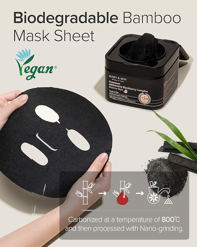 Mary&May Premium Idebenone Blackberry Complex Essence Mask (20 Sheets) – Bamboo Charcoal Sheet, Daily Pull-Out Dispenser Korean Face Mask with Vitamin C, Panthenol & Ceramide for Hydrating Radiance
