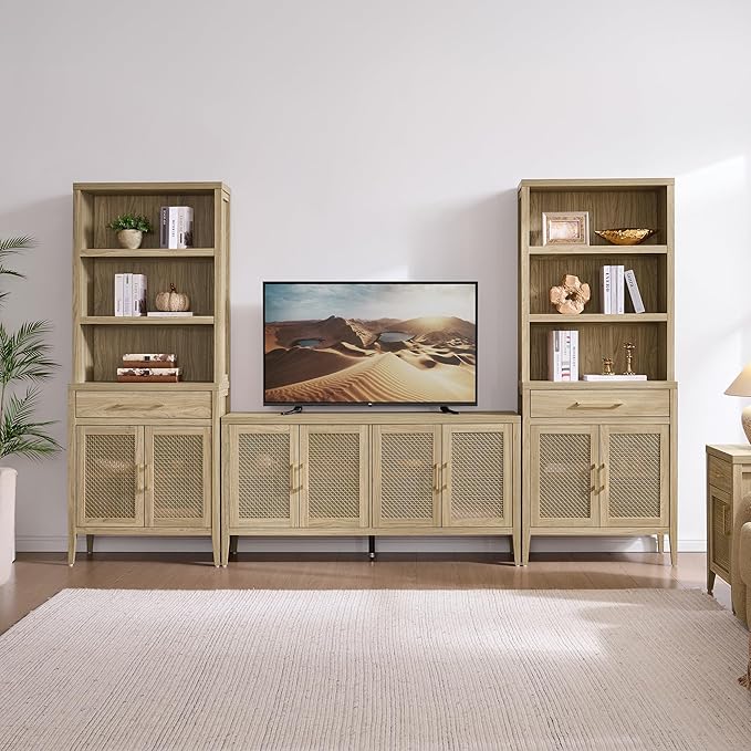 SICOTAS TV Stands for Living Room - Modern TV Console with 4 Doors Cabinet, 59" Television Stands Farmhouse Entertainment Center Media Console Credenza for 45 50 55 60 65 Inch TVs, Light Walnut