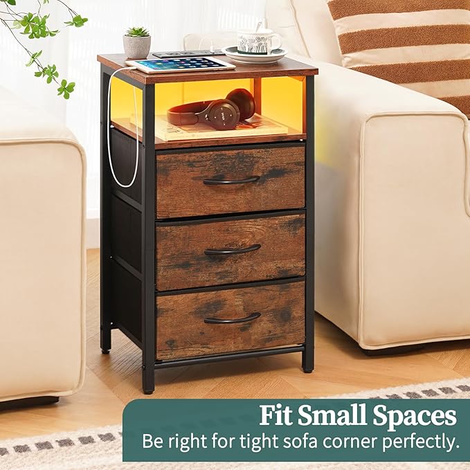 Yoobure Night Stand with Charging Station, 16 Colors LED Nightstand with USB Ports and Outlets, End Table with 3 Fabric Drawers and Storage Shelf, Bedside Tables Small Dresser for Small Space, Brown