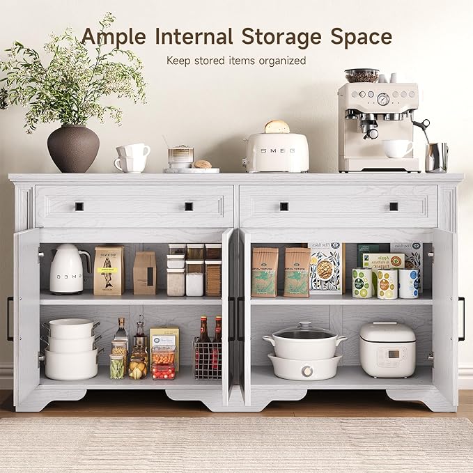 ONBRILL 63" Sideboard Buffet Cabinet, Kitchen Buffet Storage Cabinet, Large Credenza with Drawers & Doors, Wood Coffee Bar Console Wine Bar for Living Room Hallway White