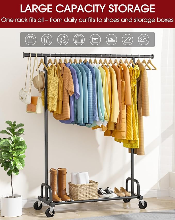 Sakugi Clothes Rack - Large-Capacity Clothing Racks for Hanging Clothes with Lockable Wheels, Space-Saving Metal Coat Rack for Bedroom, Laundry Room, Entryway, 45.6" x 16.9" x 59", Black