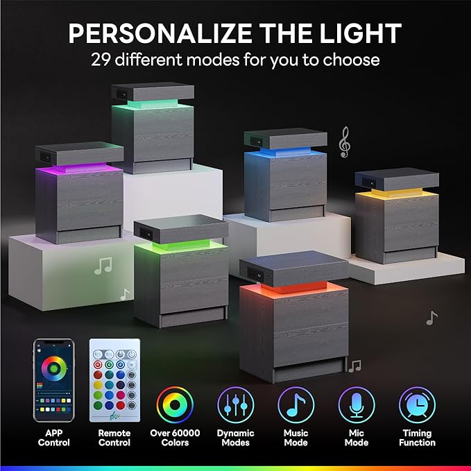 LIKIMIO Night Stand with Charging Station, Modern Grey Nightstand with LED Light and Drawers, Bedside Tables/End Table for Bedroom