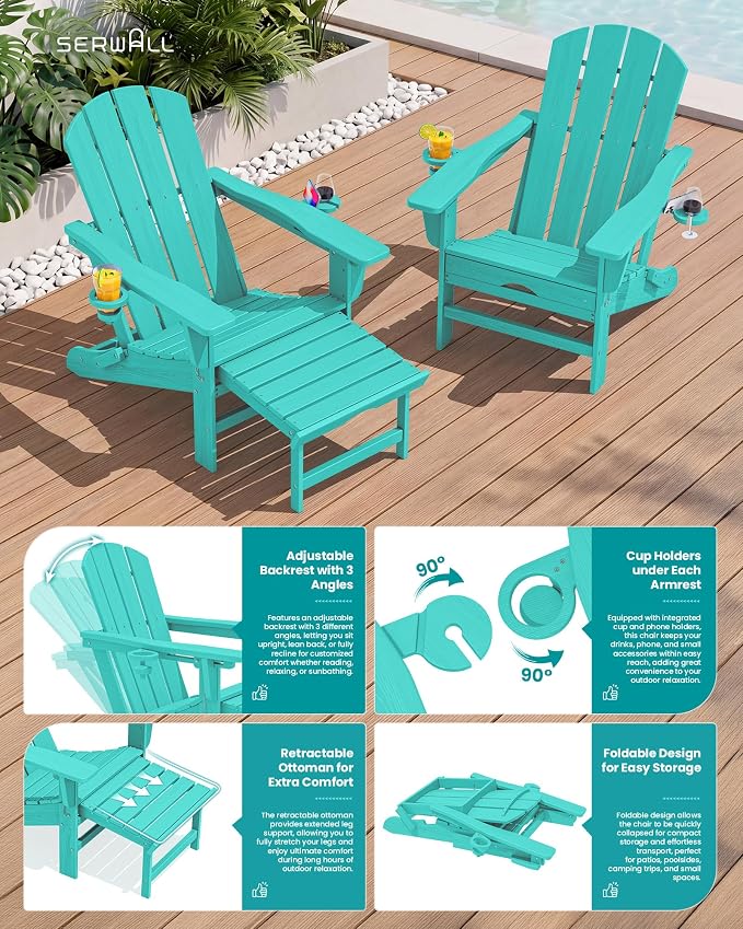 SERWALL Folding Adjustable Adirondack Chairs with Footrest Set of 4, HDPE Outdoor Chair with Dual Cup Holders, All Weather Adirondack Chair with Ottoman, Aruba