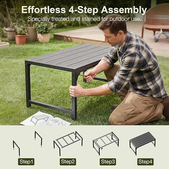 ODK Outdoor Coffee Table, Rectangle Weather-Resistant Patio Coffee Table for Garden, Balcony, Hot Tub, Poolside, Heavy-Duty Metal Frame, Black