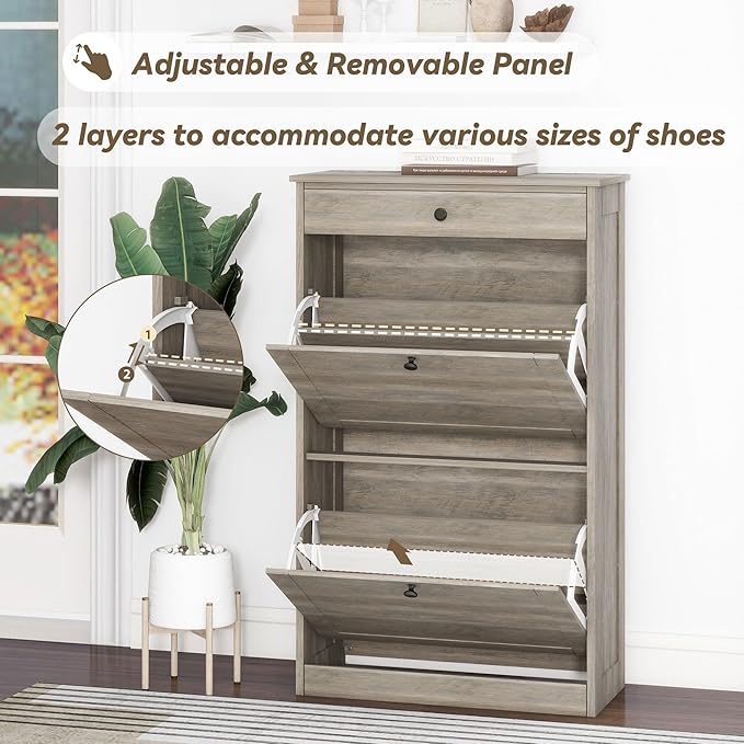 FTZxHKLX Shoe Cabinet with 2 Flip Drawers, Narrow Freestanding Shoe Storage Organizer, Slim Wooden Hidden Shoe Rack for Front Door Entrance, Closet, Hallway, Living Room, Rustic Gray
