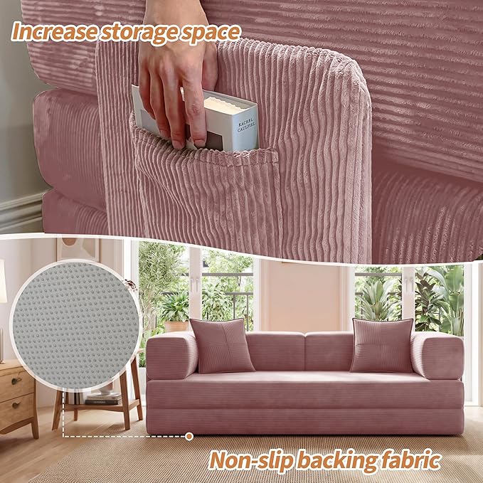 78.8" Convertible Sofa Bed with Armrest Pillow, 4-in-1 Sleeper Couch Bed for Livingroom, Modular Corduroy Boneless couches, No Assembly (Pink)