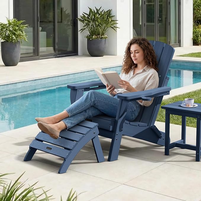 Adirondack Ottoman Footrest for Adirondack Chair, All-Weather HDPE Outdoor Foot Stool, Folding Patio Ottoman for Lawn, Garden, Deck, Backyard, Navy Blue