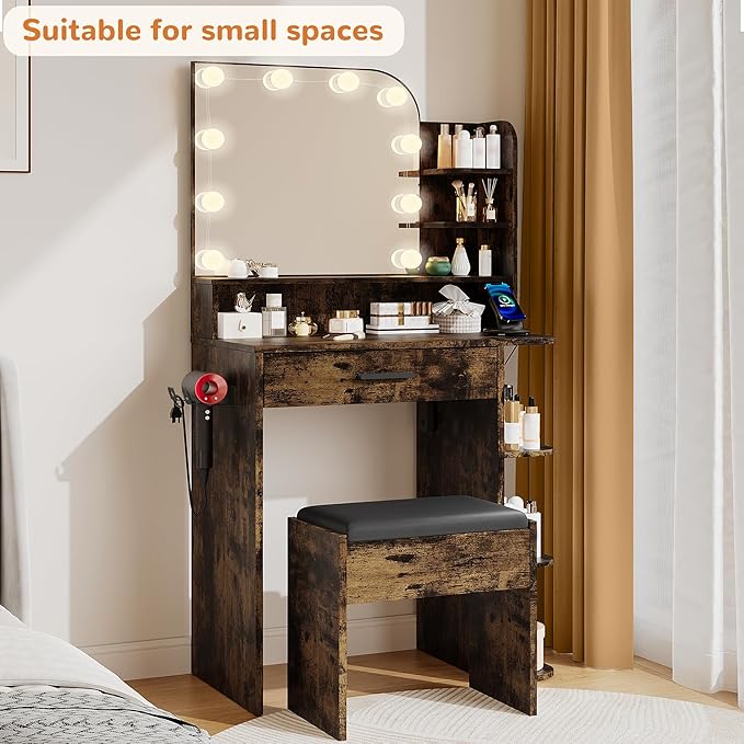 wanan Makeup Vanity with Chair, Small Vanity Desk with Mirror and Lights 3 Colors, Girls Vanity Set with Power Outlet, Compact Vanity Table for Small Space, Vintage Brown