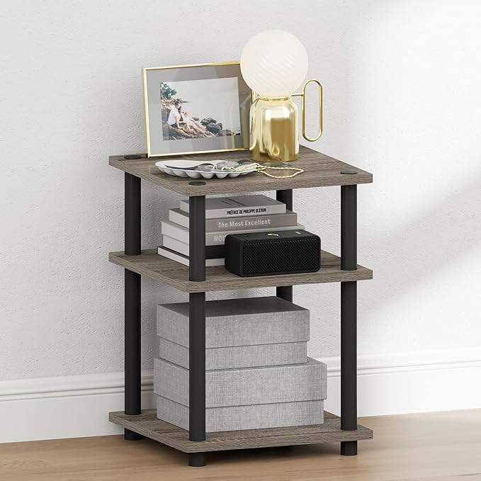 Furinno Turn-N-Tube Night Stand, 3-Tier Nightstand, Open Shelves Bedside Table, Side Table, End Table, Easy Assembly, for Bedroom, Closet, Dorm, French Oak