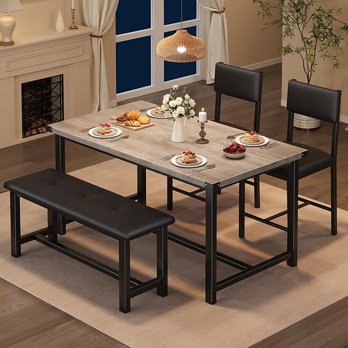 GarveeHome Dining Table Set for 4, Kitchen Table with 2 Upholstered Chairs and Bench, Wood Kitchen Dining Room Set, for Small Space, Apartment, Home, Kitchen, Retro Gray
