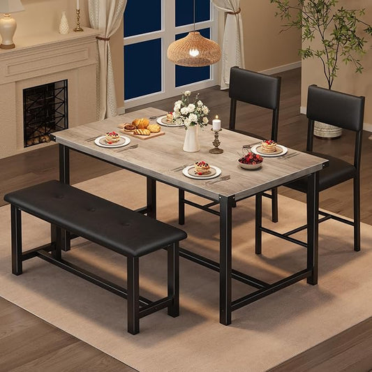 GarveeHome Dining Table Set for 4, Kitchen Table with 2 Upholstered Chairs and Bench, Wood Kitchen Dining Room Set, for Small Space, Apartment, Home, Kitchen, Retro Gray