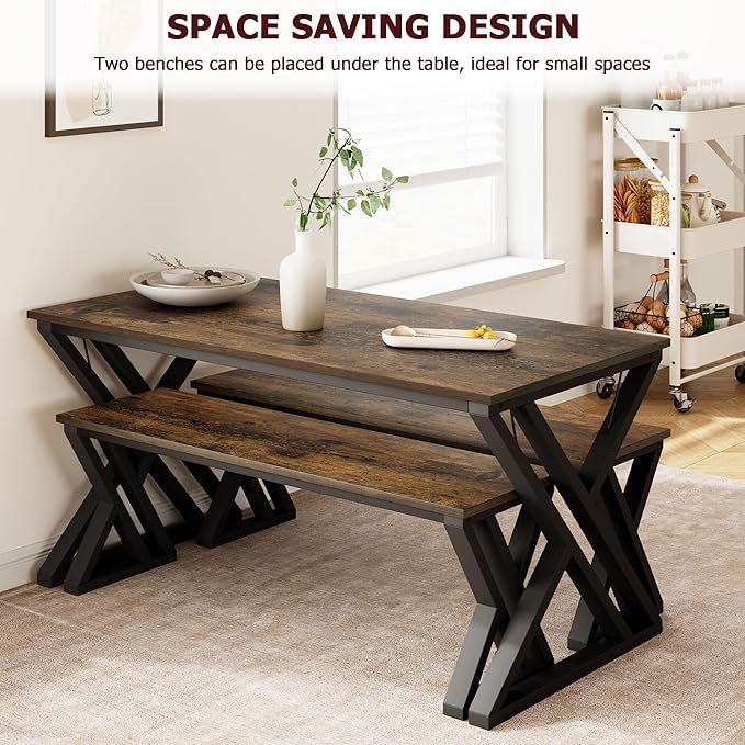 GAOMON Dining Table Bench Set for 4, Kitchen Table Set with 2 Benches, Rectangular Dining Room Table Set with Sturdy Metal Frame, Saving Space for Kitchen, Dining Room, Apartment, Vintage Brown