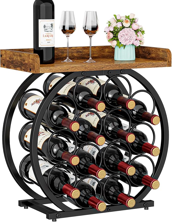 X-cosrack 14 Bottles Countertop Wine Rack with Wooden Tabletop, Round Metal Freestanding Wine Storage Holder, Wine Racks Countertop Wine Bottle Organizer Display Stand for Pantry Home Kitchen Bar