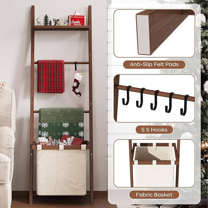 63" Bamboo Blanket Ladder with Shelf, Fabric Storage Basket and 5 Hooks, 4 Tier Leaning Blanket Rack, Farmhouse Towel Ladder Rack, Decorative Quilt Rack Holder for Living Room Bedroom Bathroom, Walnut
