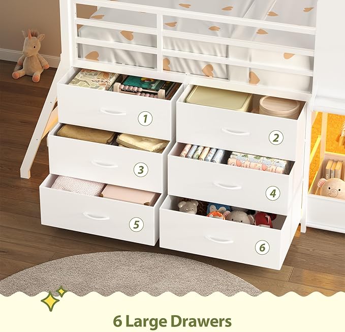 UPOSOJA Twin - Low Loft Bed with Kids Clothing Rack, Kids Loft Bed, Loft Bed with Tent, Toy Storage Box, Safety Guardrail, LED Light, Under-Hide and Seek Bed Play Space (White)