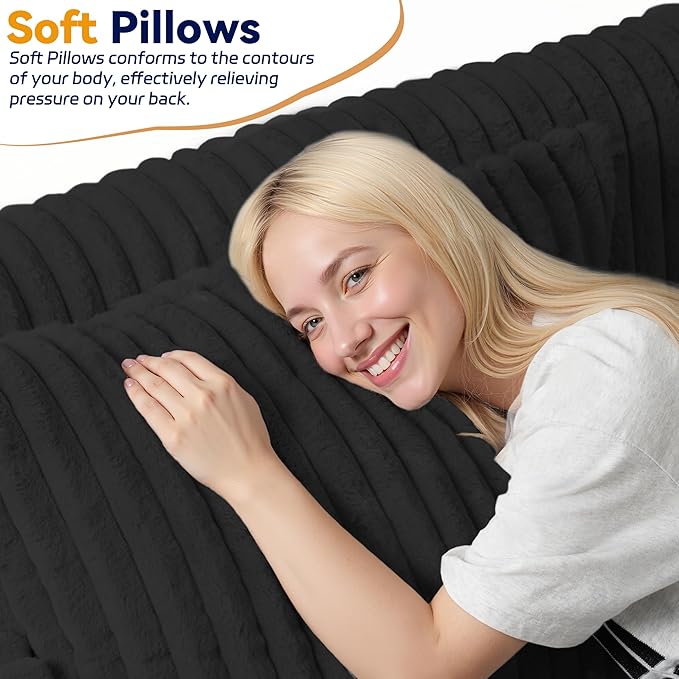 HABUTWAY 68" Loveseat Boneless Couch, 4-in-1 Convertible Sofa Bed, Plush Fur Folding Futon Sofa Bed Couches with 2 Pillows for Living Room, High-Density Foam Support, No Assembly Required, Black