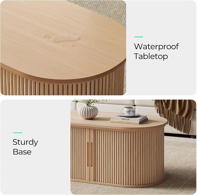 LINSY Lift Top Coffee Table, Oval Fluted Coffee Table with Storage, Boho Wooden Coffee Tables with Sliding Tambour Door, 39" Center Table for Living Room, Office, Small Space, Natural Oak