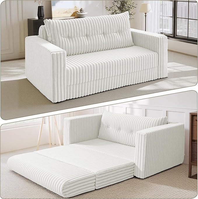 HABUTWAY 49.8" Loveseat Boneless Couch, 4-in-1 Convertible Sofa Bed, Plush Fur Folding Futon Sofa Bed Couches with a Pillow for Living Room, High-Density Foam Support, No Assembly Required, Beige