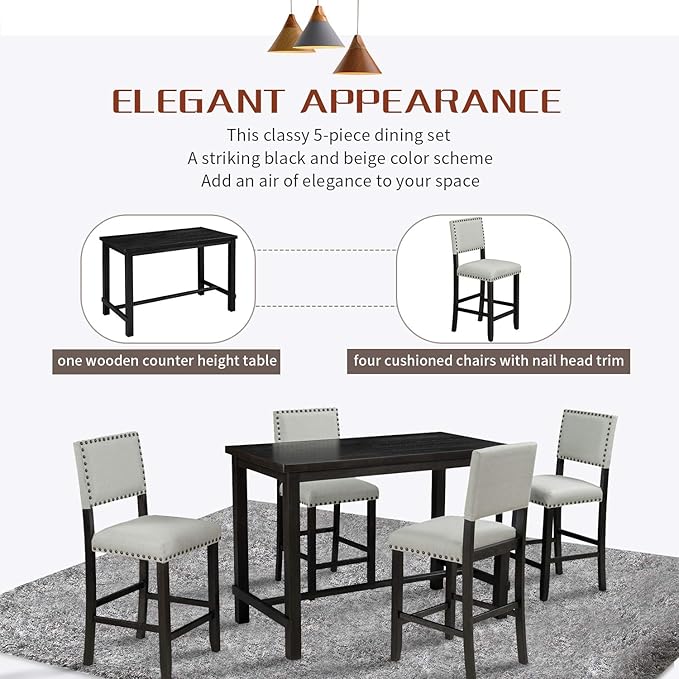 Harper & Bright Designs 5-Piece Counter Height Dining Set, Classic Elegant Table and 4 Chairs in Espresso and Beige