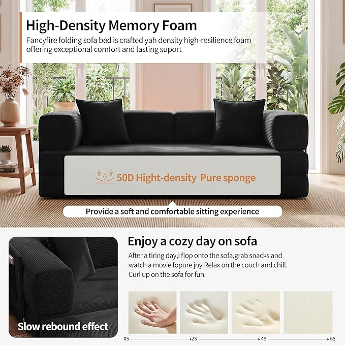 78.8" Convertible Sofa Bed with Armrest Pillow, 4-in-1 Sleeper Couch Bed for Livingroom, Modular Corduroy Boneless couches, No Assembly (Black)