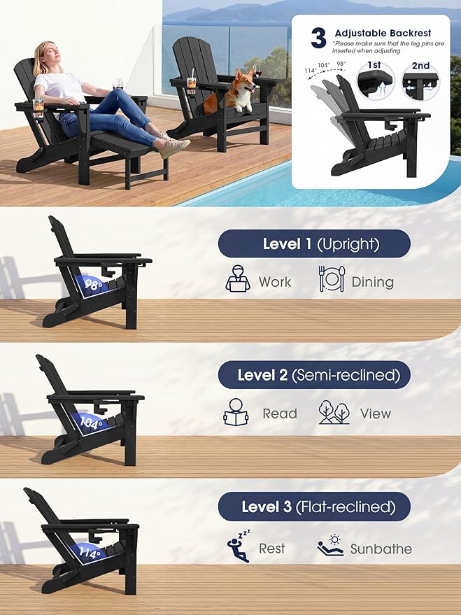 KINGYES Folding Adjustable Adirondack Chair with Ottoman Set of 2, HDPE Outdoor Chair with Retractable Footrest and Cup Holder, Wood-Like Recliner Versatile Adirondack Chair, Black