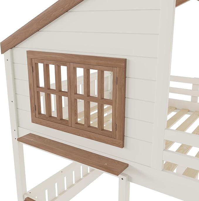 Full Size House Bunk Bed Frame with Storage Bookshelf, Window, Wooden Floor Bunk Bed with Fences, Space Saving for Kids Adults, No Noise, Beige