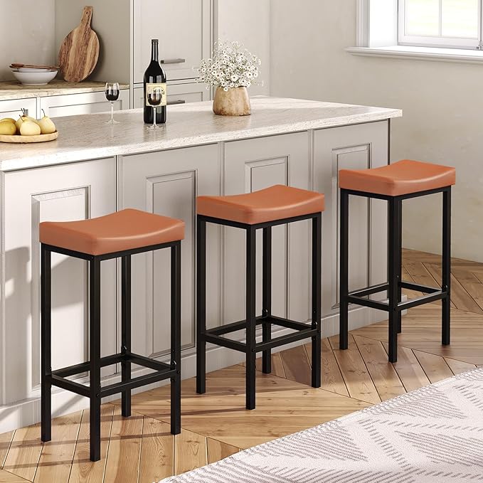 HOOBRO Bar Stools, Set of 2 Bar Chairs, Counter Height Stools, Saddle Barstools with Curved Surface, 24.8 Inches, 2.4" Thick Upholstery, for Kitchen, Dining Room, Cafe Orange-Brown and Black CB10BY01