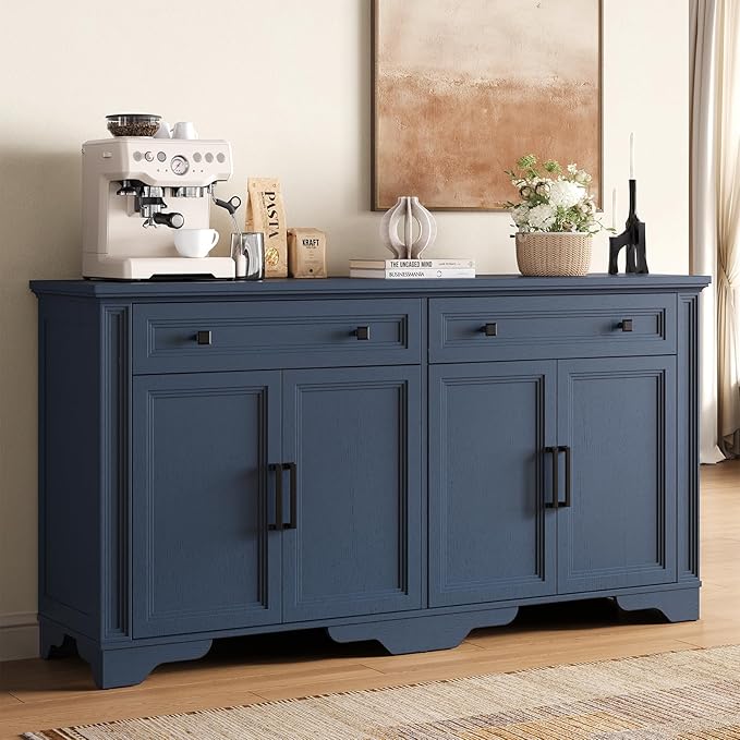 ONBRILL 63" Sideboard Buffet Cabinet, Kitchen Buffet Storage Cabinet, Large Credenza with Drawers & Doors, Wood Coffee Bar Console Wine Bar for Living Room Hallway Blue