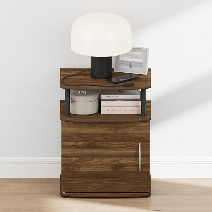 Furinno Jaya Night Stand with Door, Nightstand with Open Shelf and Door Cabinet, Round Corner Bedside Table, Side Table, End Table, for Bedroom, Closet, Dorm, Amber Pine