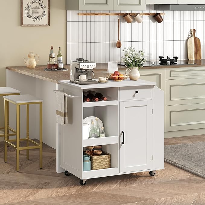 MAHANCRIS Kitchen Island with Power Outlet, Kitchen Storage Island with Drawer, Rolling Kitchen Cart on Wheels, Spice Rack, Towel Rack, Wine Rack, for Dining Room, White KIWT122E01