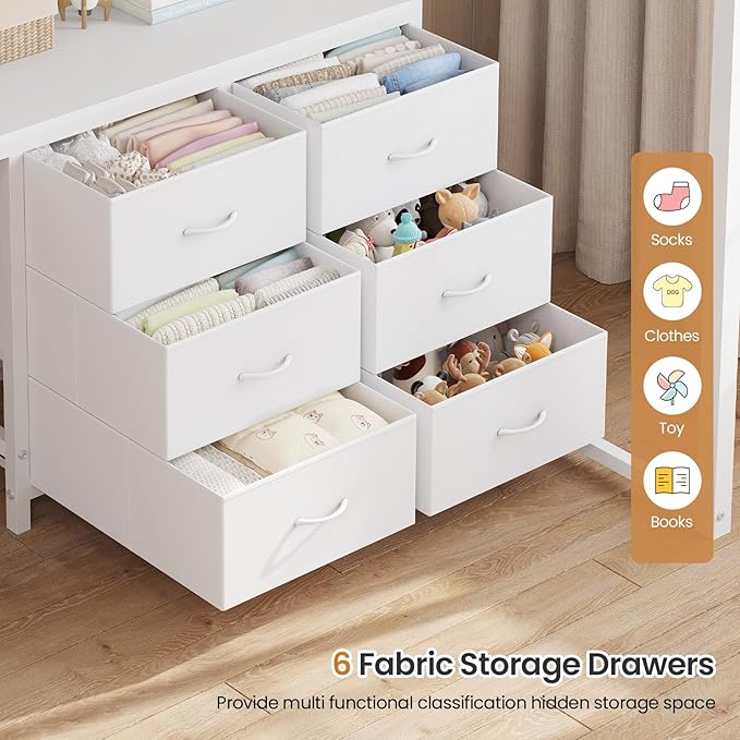 DICTAC Full Loft Bed with L-Shaped Desk,Bookshelf and Charging Station Metal Loft Bed Full Size with 6 Storage Drawers,Open Shelves and Hutch,Teens loft beds with Led Lights and Safety Guardrail,White