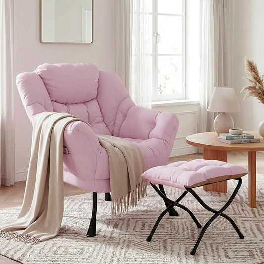 TLSUNNY Lazy Chair with Foldable Ottoman, Modern Comfy Lounge Chair, Large Sofa Armchair with Footrest and a Side Pocket, Reading Chair with Footstool for Bedroom, Living Room, Dorm (Pink)