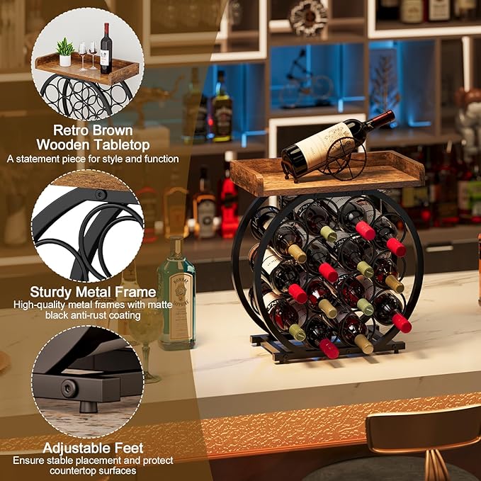X-cosrack 14 Bottles Countertop Wine Rack with Wooden Tabletop, Round Metal Freestanding Wine Storage Holder, Wine Racks Countertop Wine Bottle Organizer Display Stand for Pantry Home Kitchen Bar