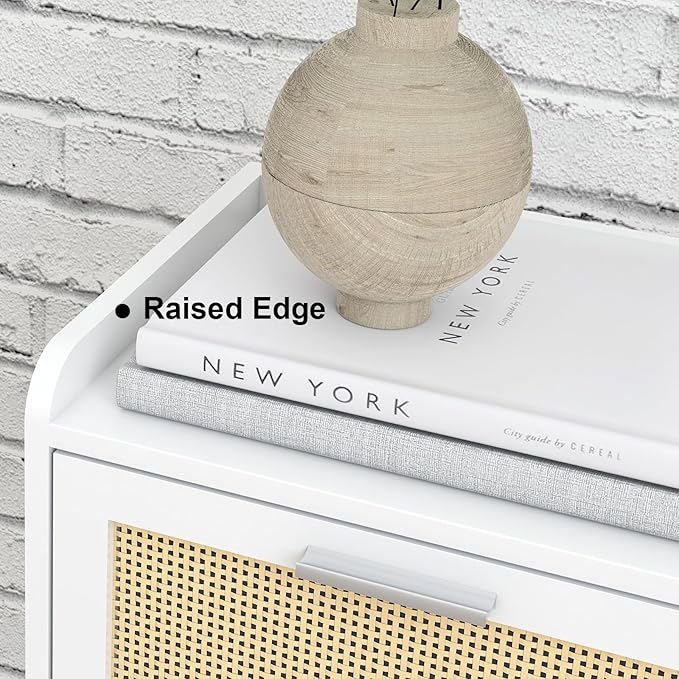 LAATOOREE Nightstand Set of 2, Small White Bedside Table, End Table with Rattan Door, Boho Side Table with Solid Wood Legs for Bedroom Living Room Small Space