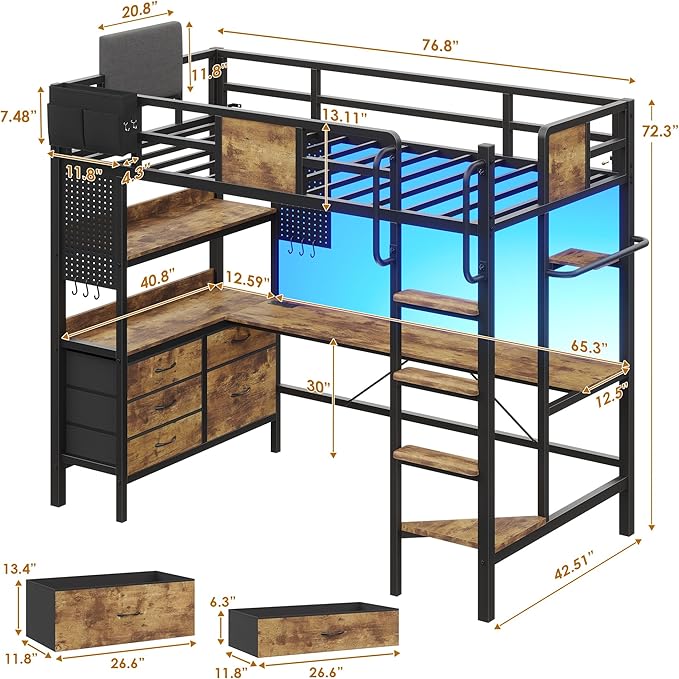 Dnxao Loft Bed Twin Size with L-Shaped Desk and 5 Storage Drawers, LED Metal Twin Loft Bed for Teens & Adults, Space-Saving Workstation with Charging Station for Small Bedroom & Dorm, Rustic Brown
