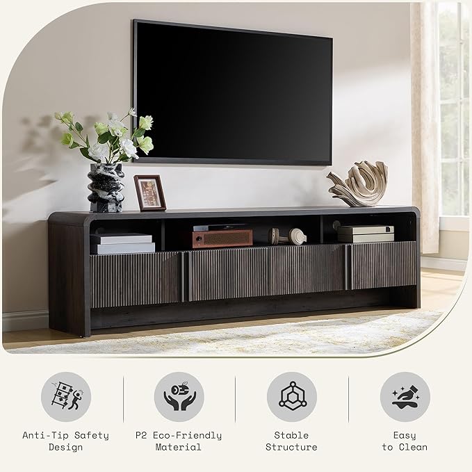 AMERLIFE 70" Modern TV Stand for TVs up to 80", Fluted Wood Entertainment Center with Storage Cabinets, Media Console Table for Living Room, Black