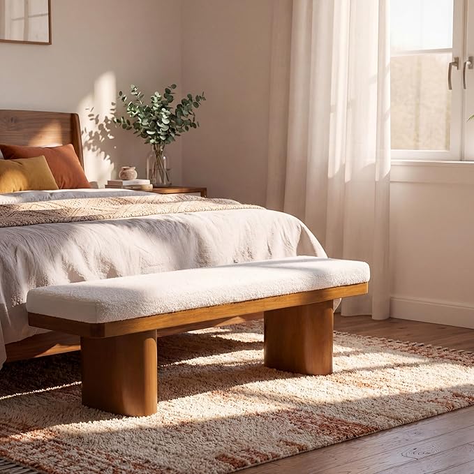 Christopher Knight Home 55" Chenille Upholstered Bench with Solid Rubber Wood Legs, Modern Farmhouse Bedroom Bench, Padded Entryway Bench Seat, Dining Bench for Living Room End of Bed, Beige