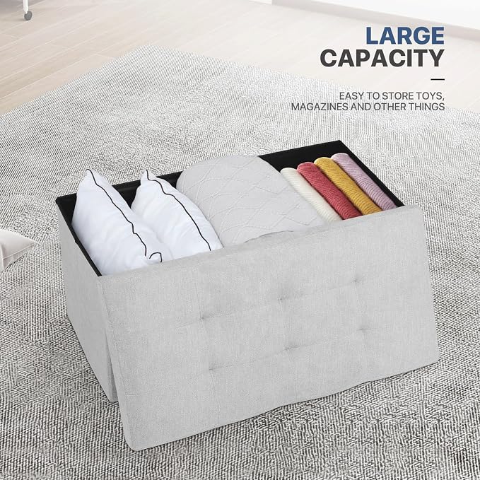 MoNiBloom 30 Inch Storage Ottoman Bench, Rectangle End of Bed Bench, Storage Padded Seat, Linen Fabric Ottoman Footrest for Living Room, Bedroom, Entryway, Light Gray