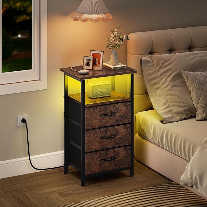 Vagusicc Night Stand with Charging Station, LED Nightstand for Bedroom, Bedside Table with 3 Fabric Drawers, End Table Side Table with USB Ports and Outlets, Bed Side Table for Bedroom, Rustic Brown