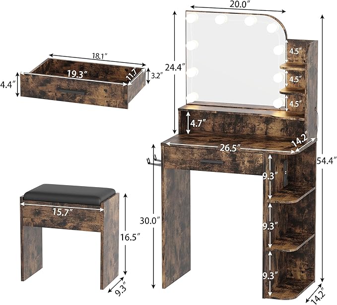wanan Makeup Vanity with Chair, Small Vanity Desk with Mirror and Lights 3 Colors, Girls Vanity Set with Power Outlet, Compact Vanity Table for Small Space, Vintage Brown