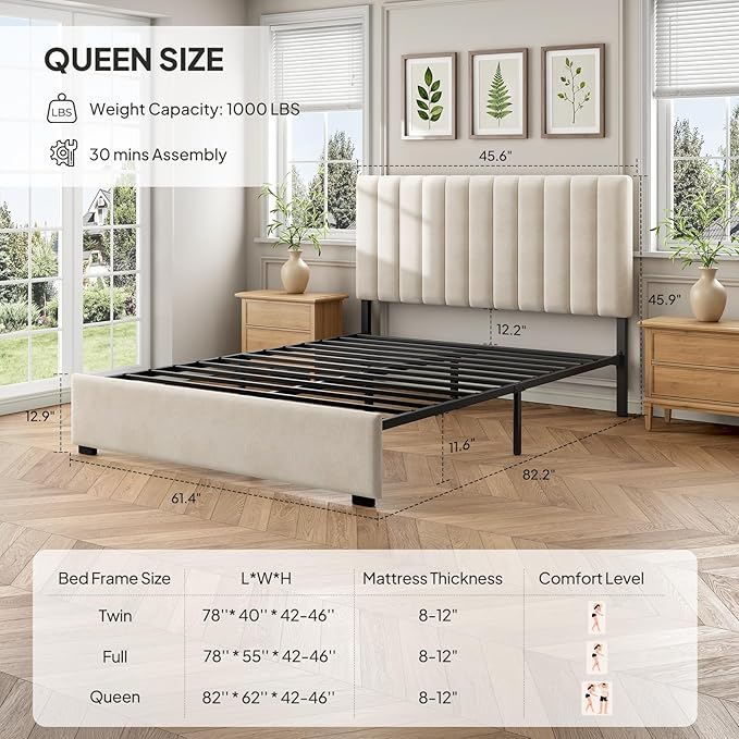 Welzona Queen Upholstered Bed Frame with Headboard, Velvet Upholstered Metal Platform Bed with Vertical Channel Tufted Headboard, 3-Level Height, Metal Slat Support, Noise-Free Easy Assembly, White