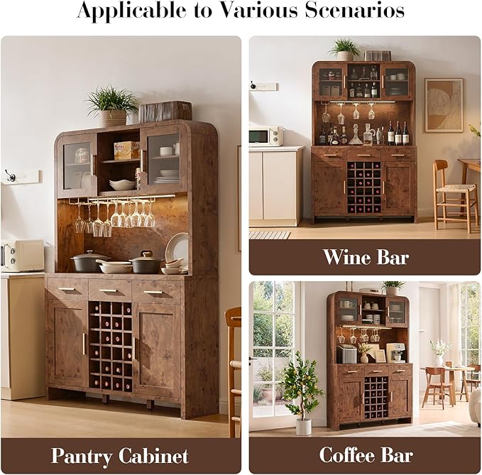 77" Tall Wine Bar Cabinet with Storage Hutch and 3 Drawers, Coffee Bar Cabinet with LED Lights and 24 Bottle Wine Rack for Home Dining Room Kitchen, Dark Burl