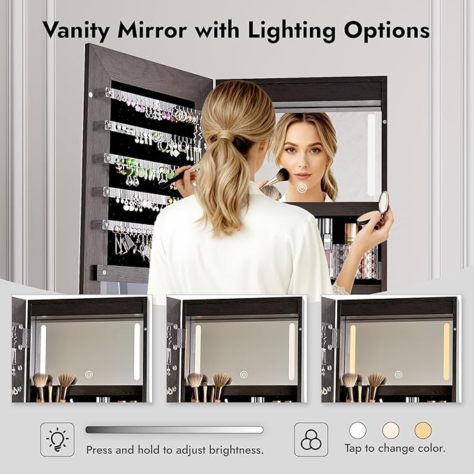 Zamildon's LED Mirror Jewelry Armoire, 360° Swivel Full Length Mirror Cabinet, Freestanding Mirrored Jewelry Organizer with LED Lights and Storage Shelves, Black